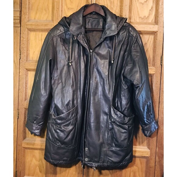 Vintage 90s Jacqueline Ferrar Soft Leather Coat Women's Large Brown Hooded Zip - Picture 2 of 13